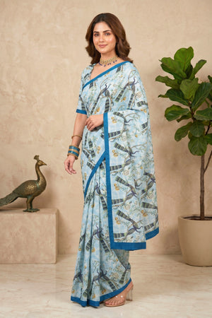 Elegant Ice Blue Peacock Print Chanderi Saree