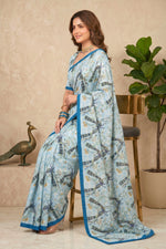 Elegant Ice Blue Peacock Print Chanderi Saree