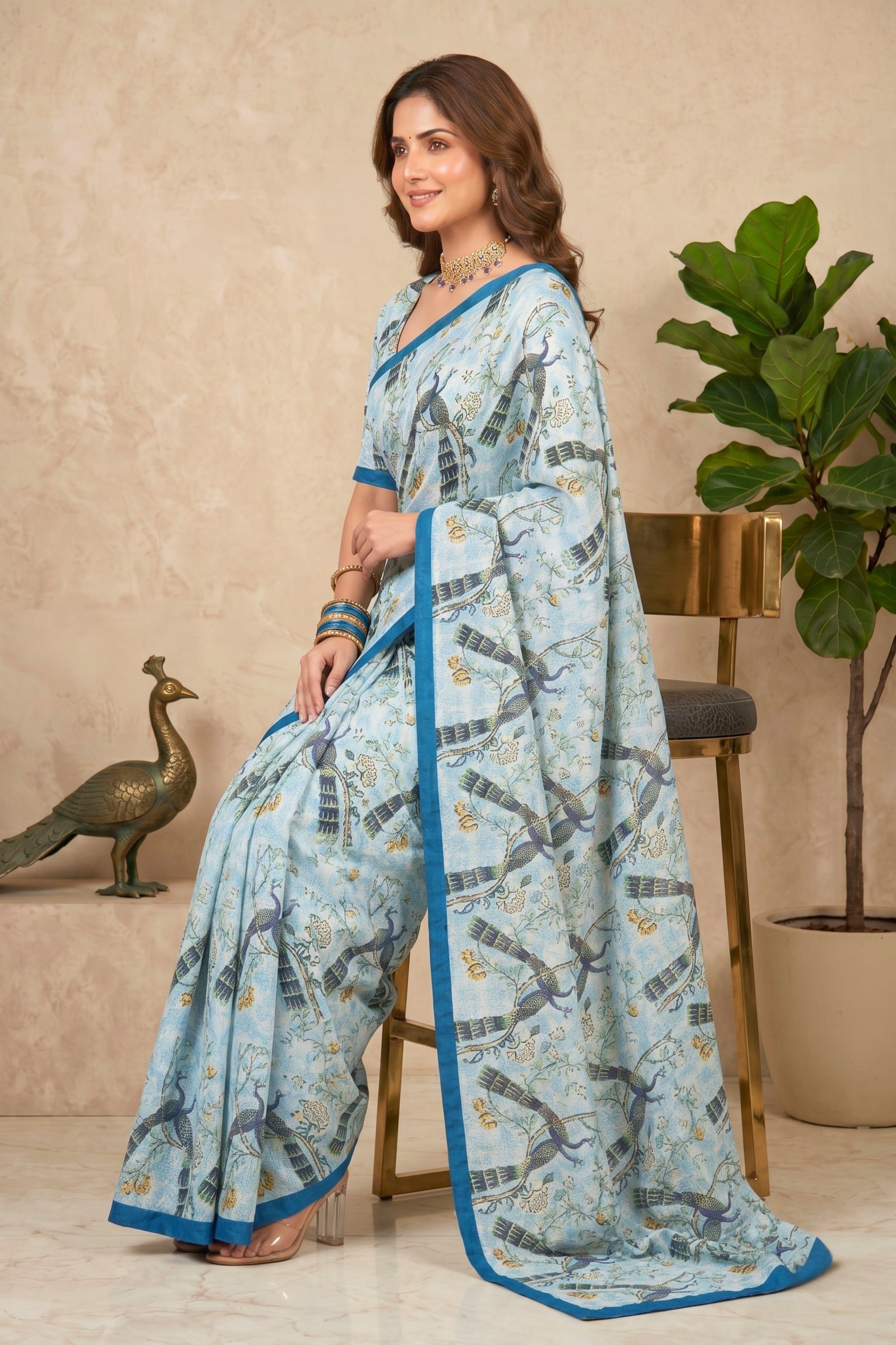 Elegant Ice Blue Peacock Print Chanderi Saree