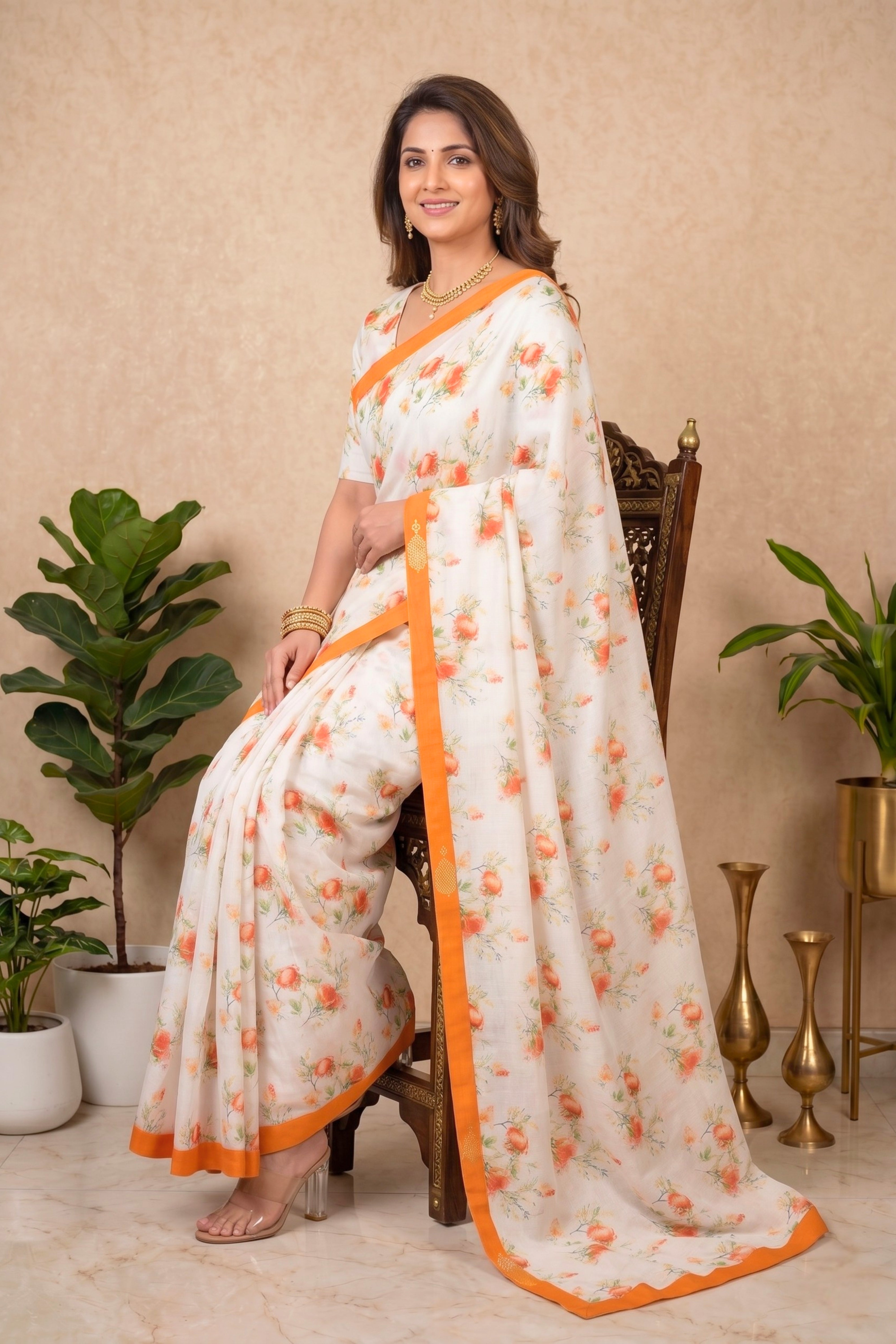 Refreshing Ivory & Tangerine Floral Chanderi Saree