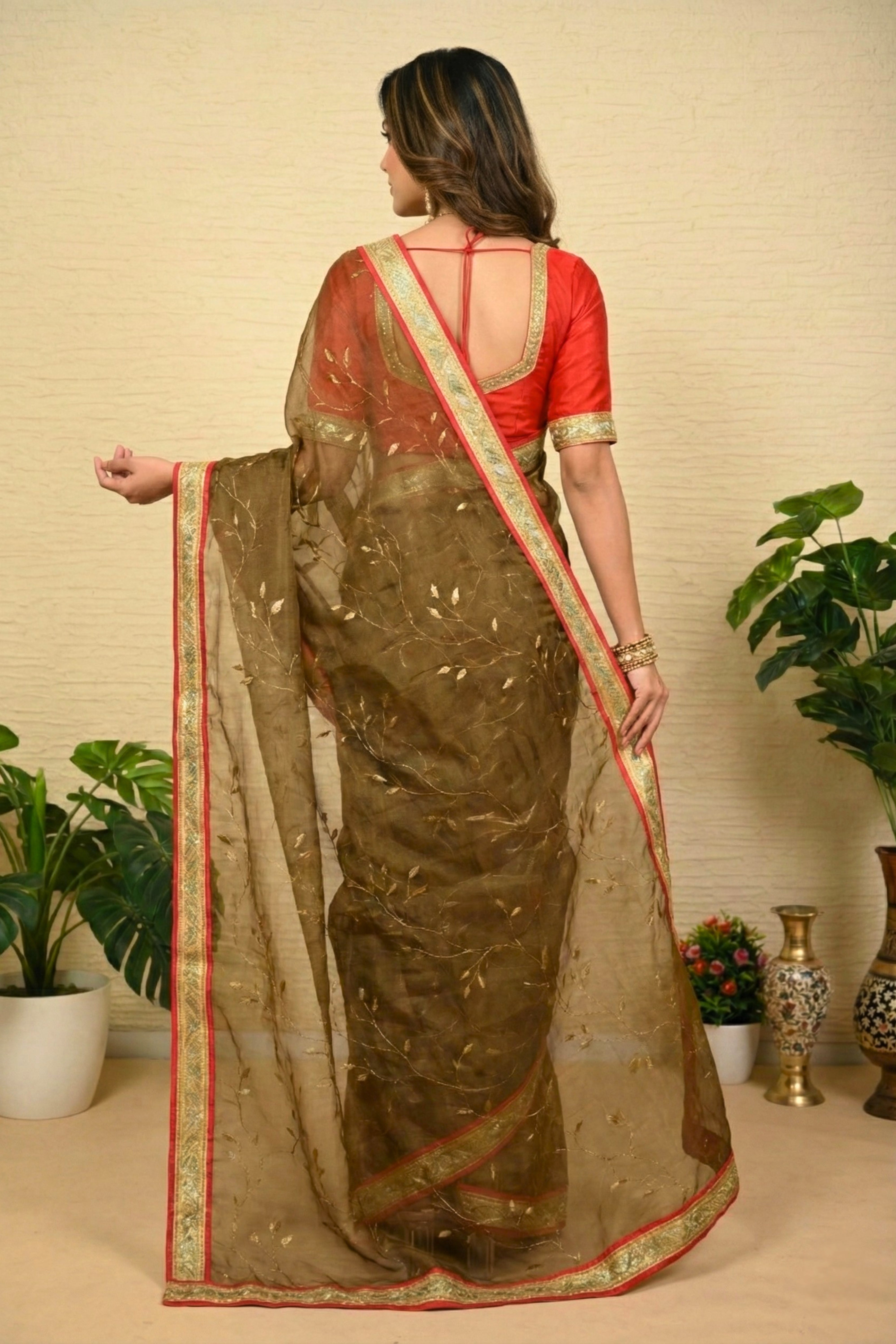Ethereal Olive Green Soft Organza Saree with Delicate Gold Vines