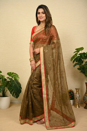 Ethereal Olive Green Soft Organza Saree with Delicate Gold Vines