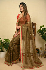 Ethereal Olive Green Soft Organza Saree with Delicate Gold Vines