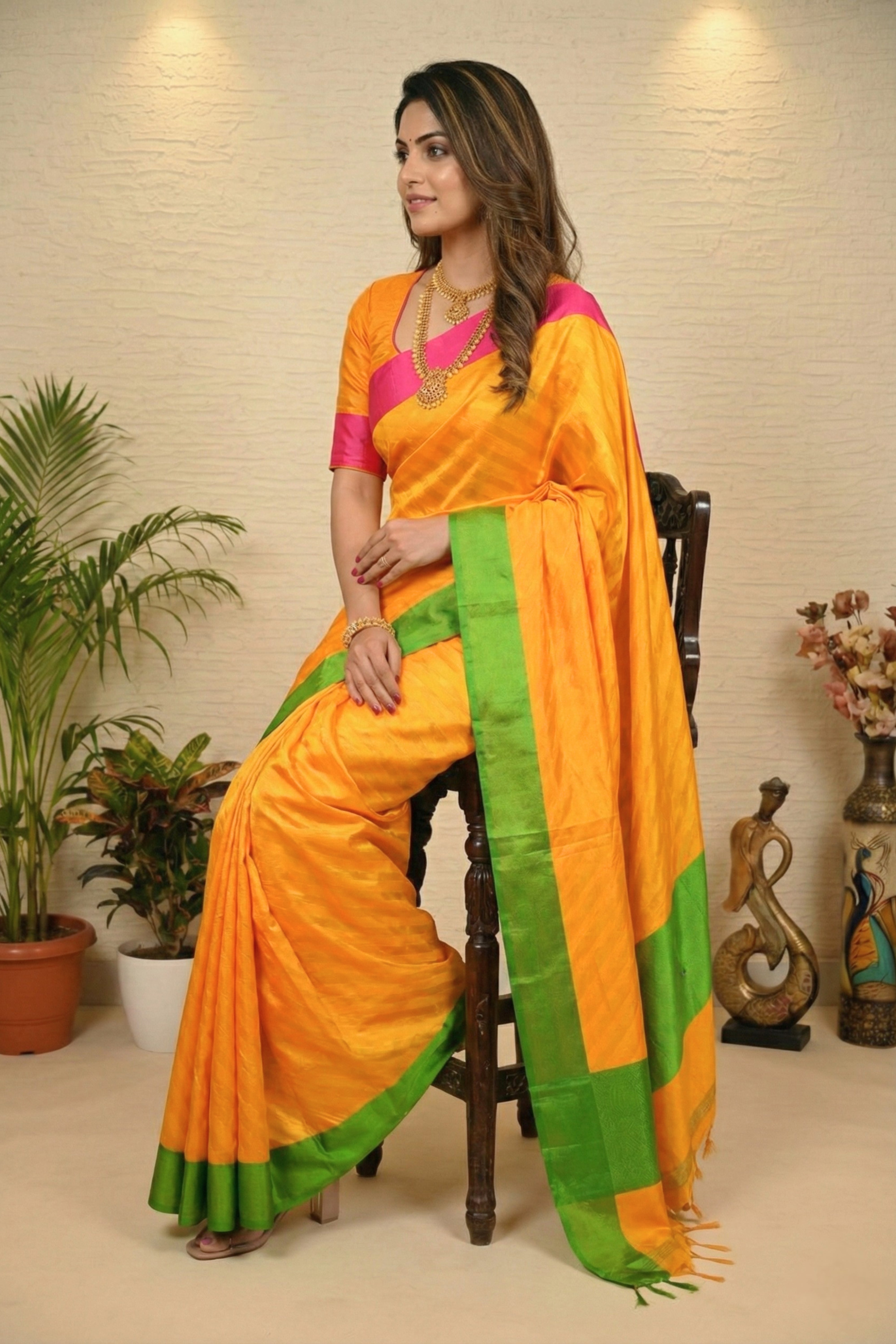 Vibrant Mango Yellow Banarasi Silk Saree with Green & Pink Borders