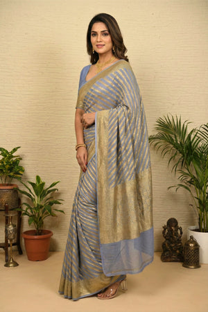 Elegant Powder Blue Leheriya Banarasi Khaddi Georgette Saree