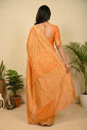 Elegant Peach Leheriya Zari Banarasi Georgette Saree
