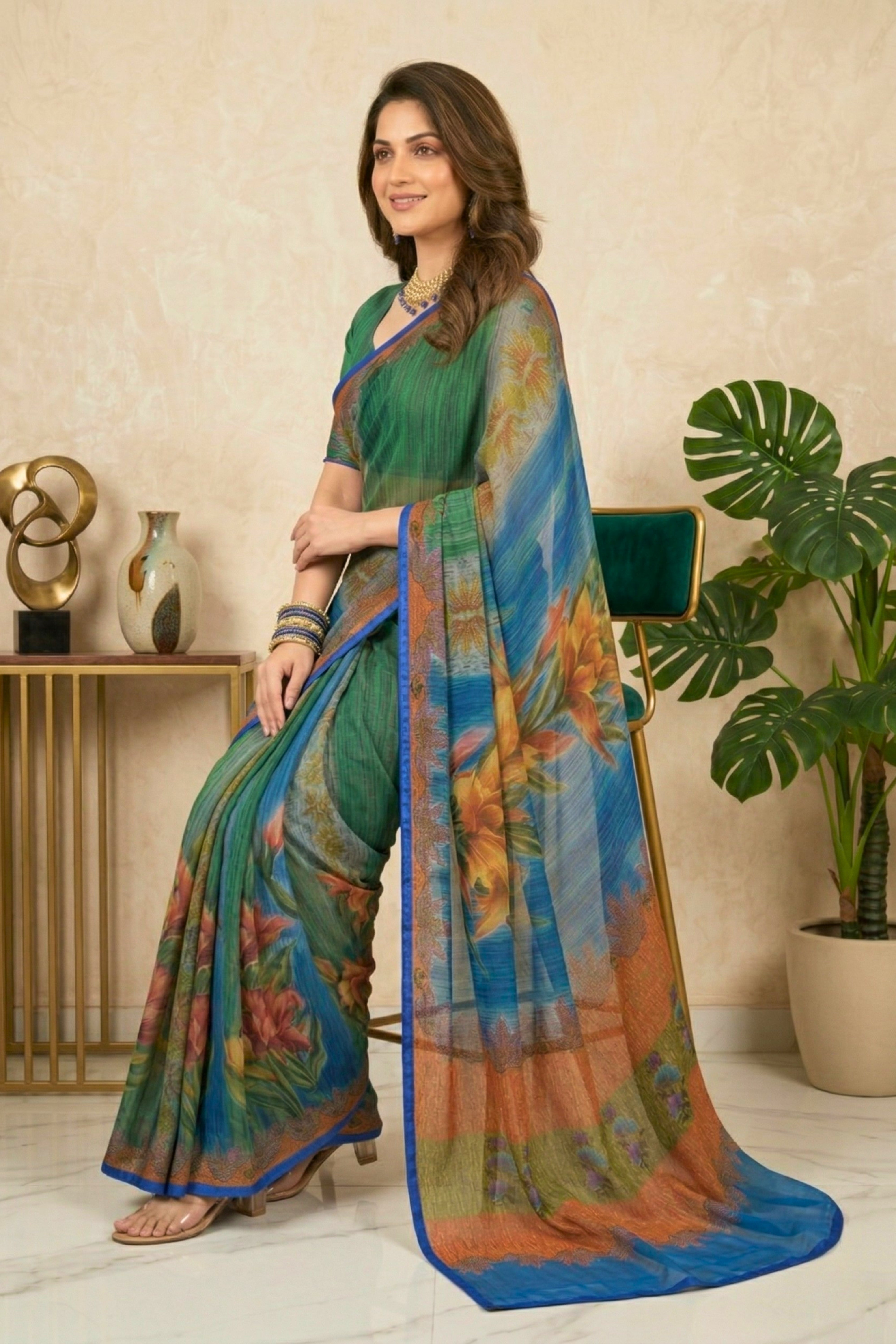 Vibrant Tropical Floral Jacquard Georgette Saree