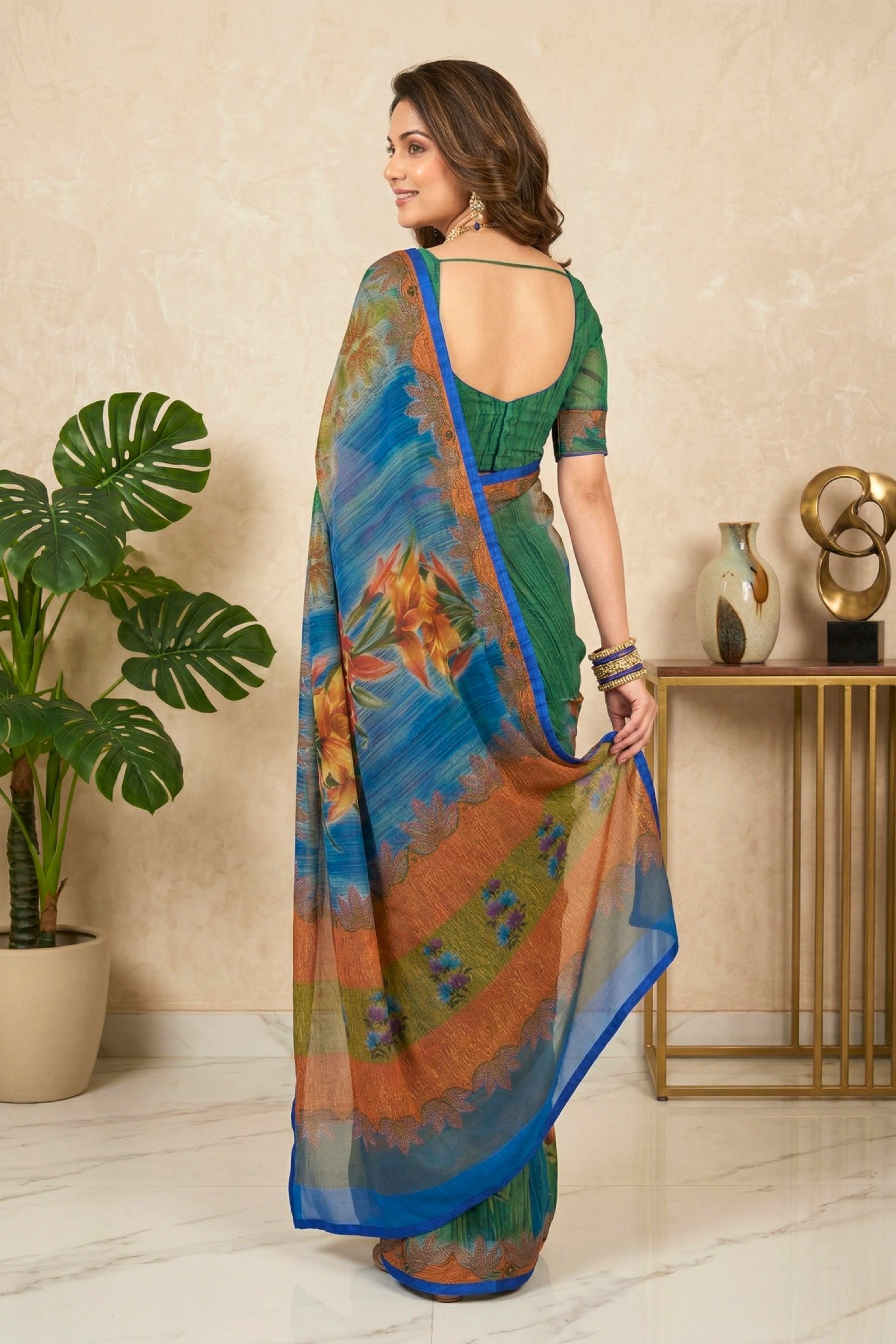 Vibrant Tropical Floral Jacquard Georgette Saree