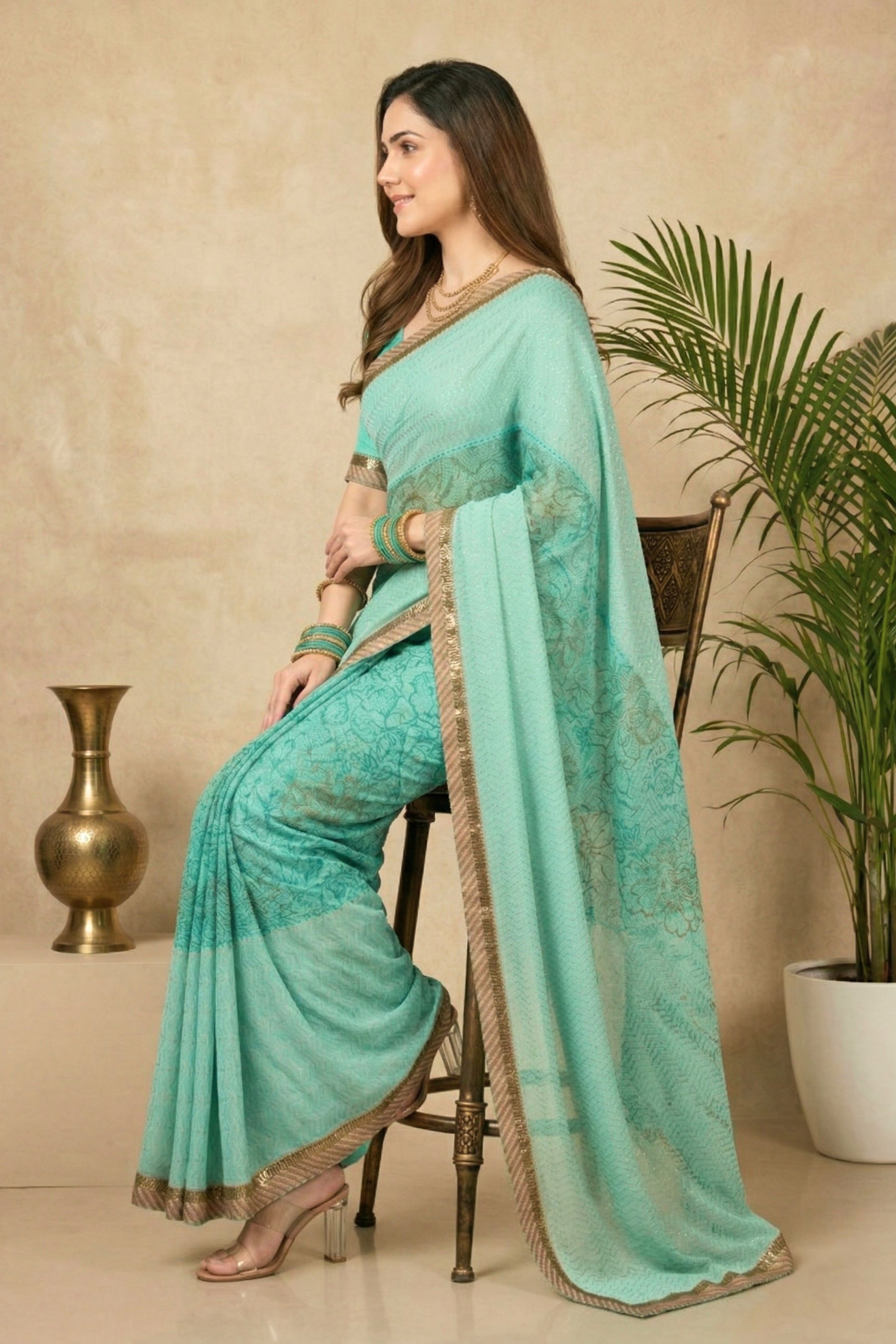 Ethereal Mint Green Chiffon Saree with Zari Border