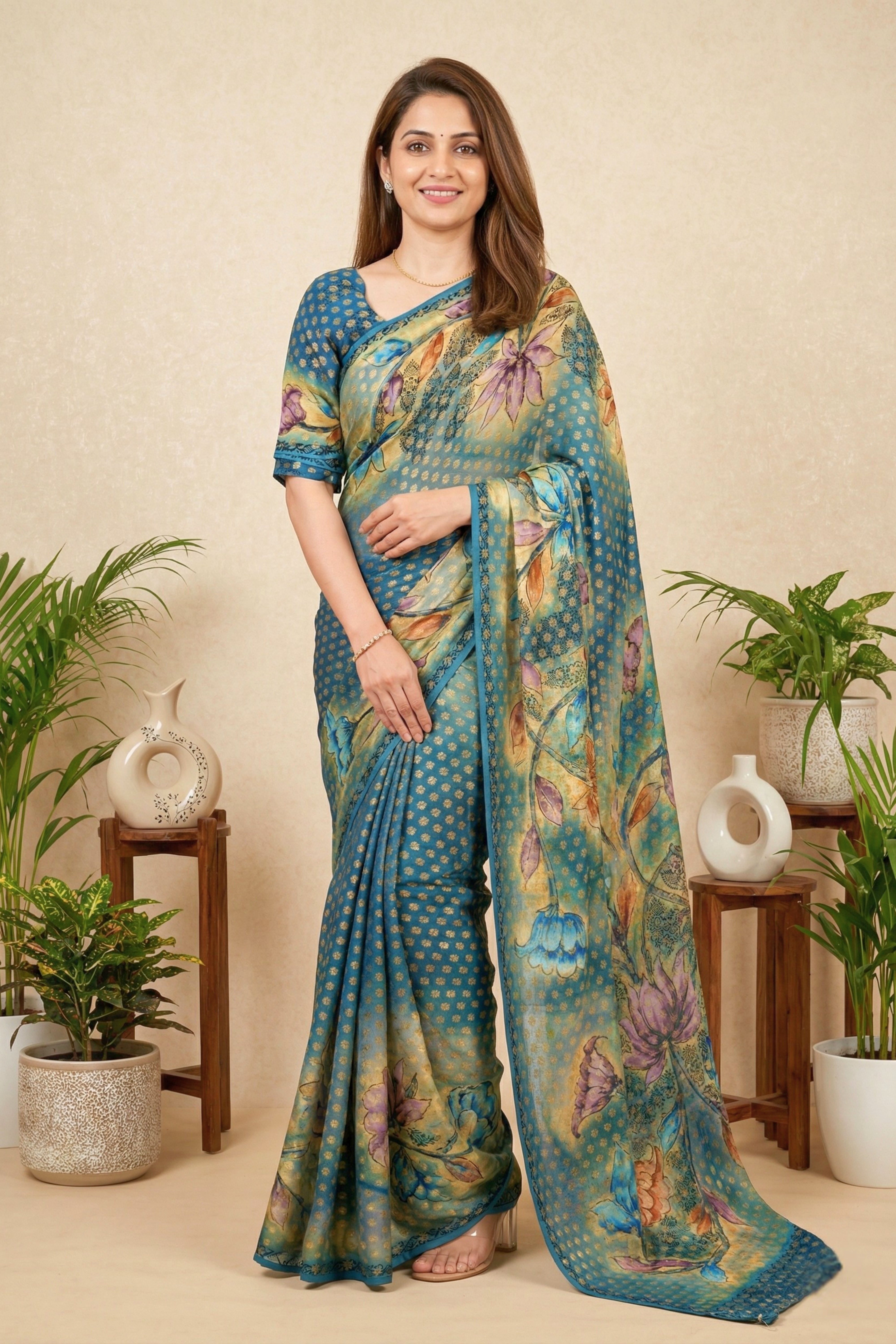 Teal Blue Floral Printed Georgette Saree