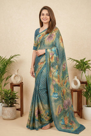 Teal Blue Floral Printed Georgette Saree