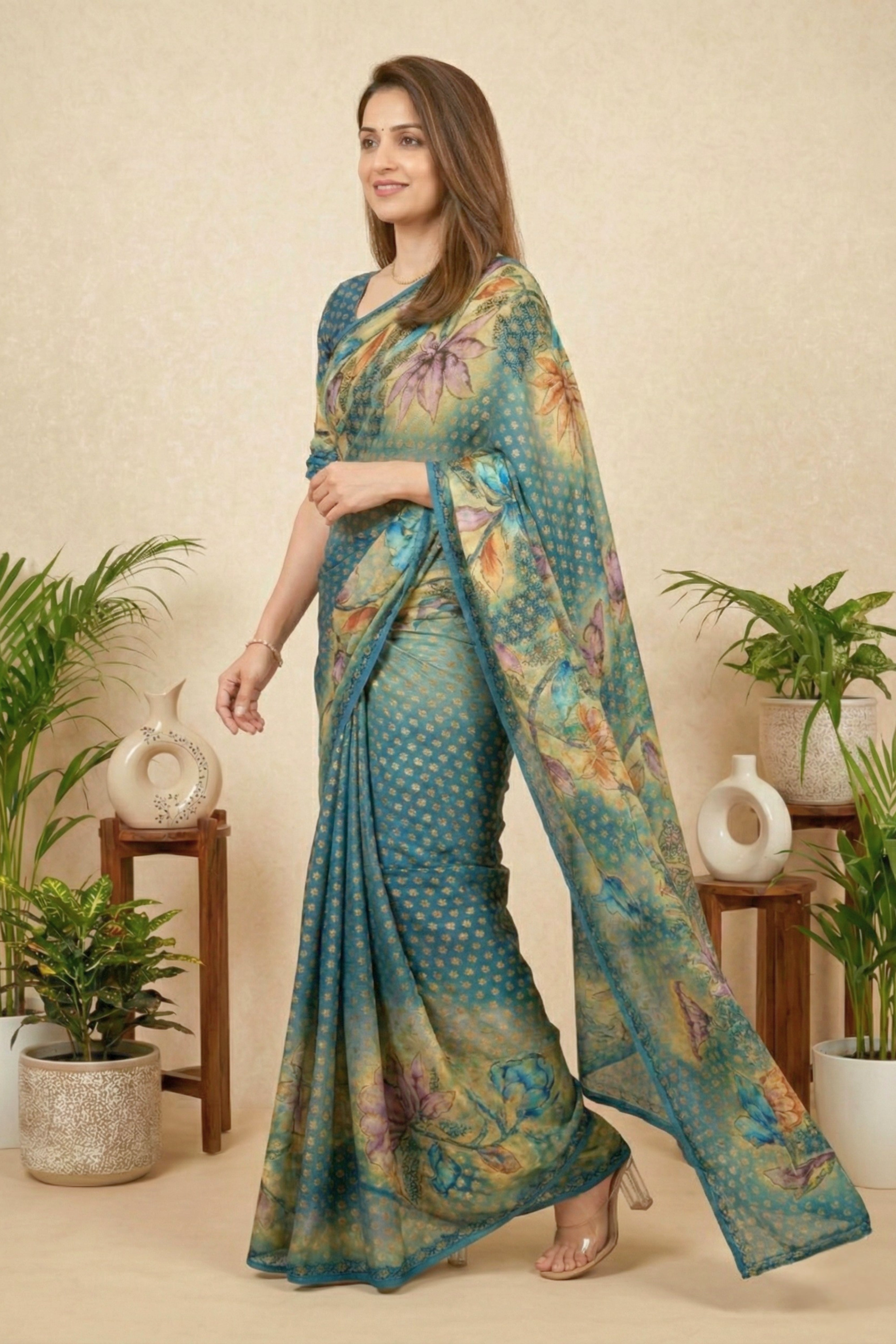 Teal Blue Floral Printed Georgette Saree