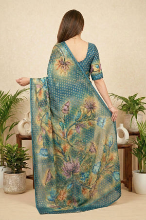 Teal Blue Floral Printed Georgette Saree