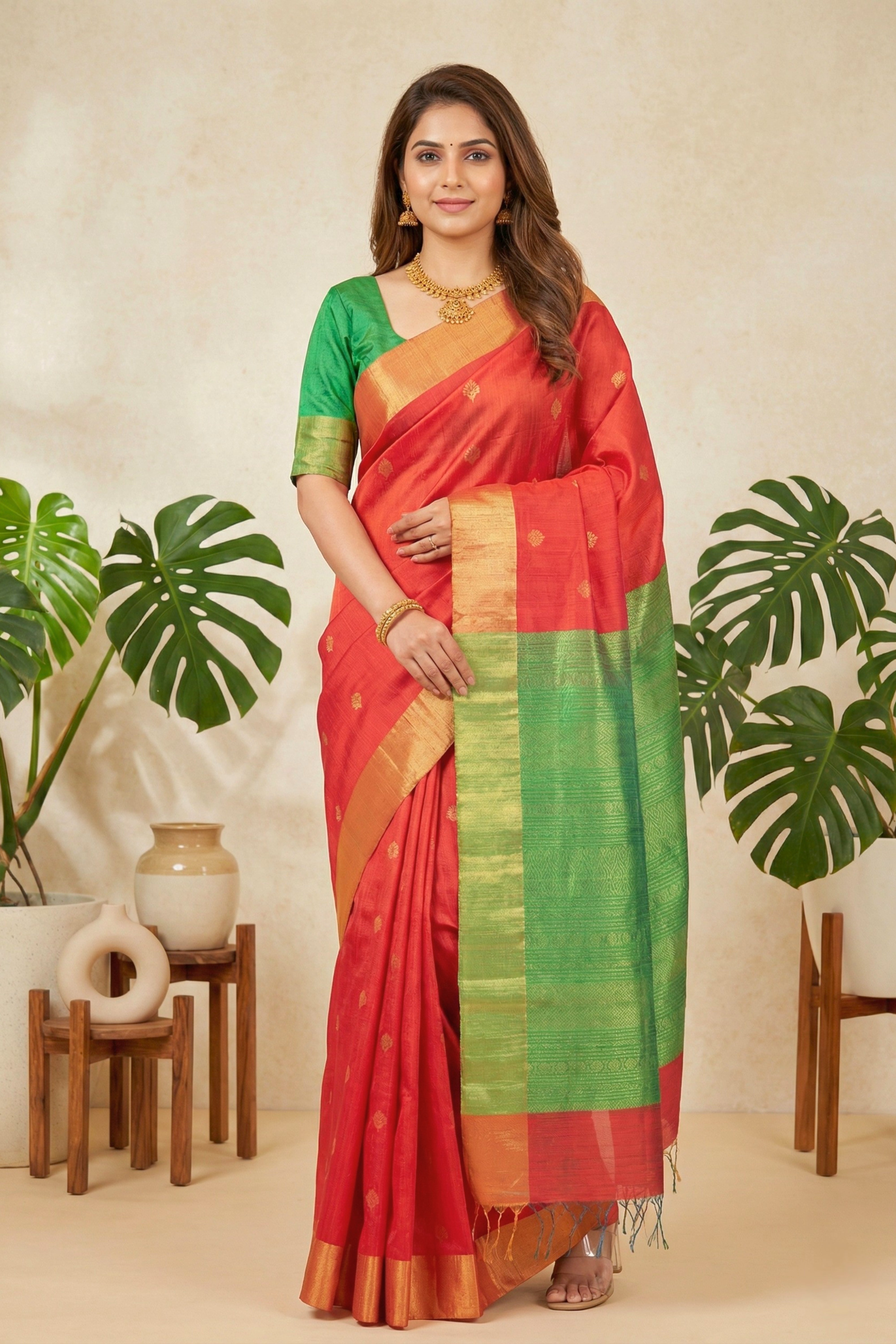 Radiant Tomato Red and Green Soft Raw Silk Saree with Zari Buttis