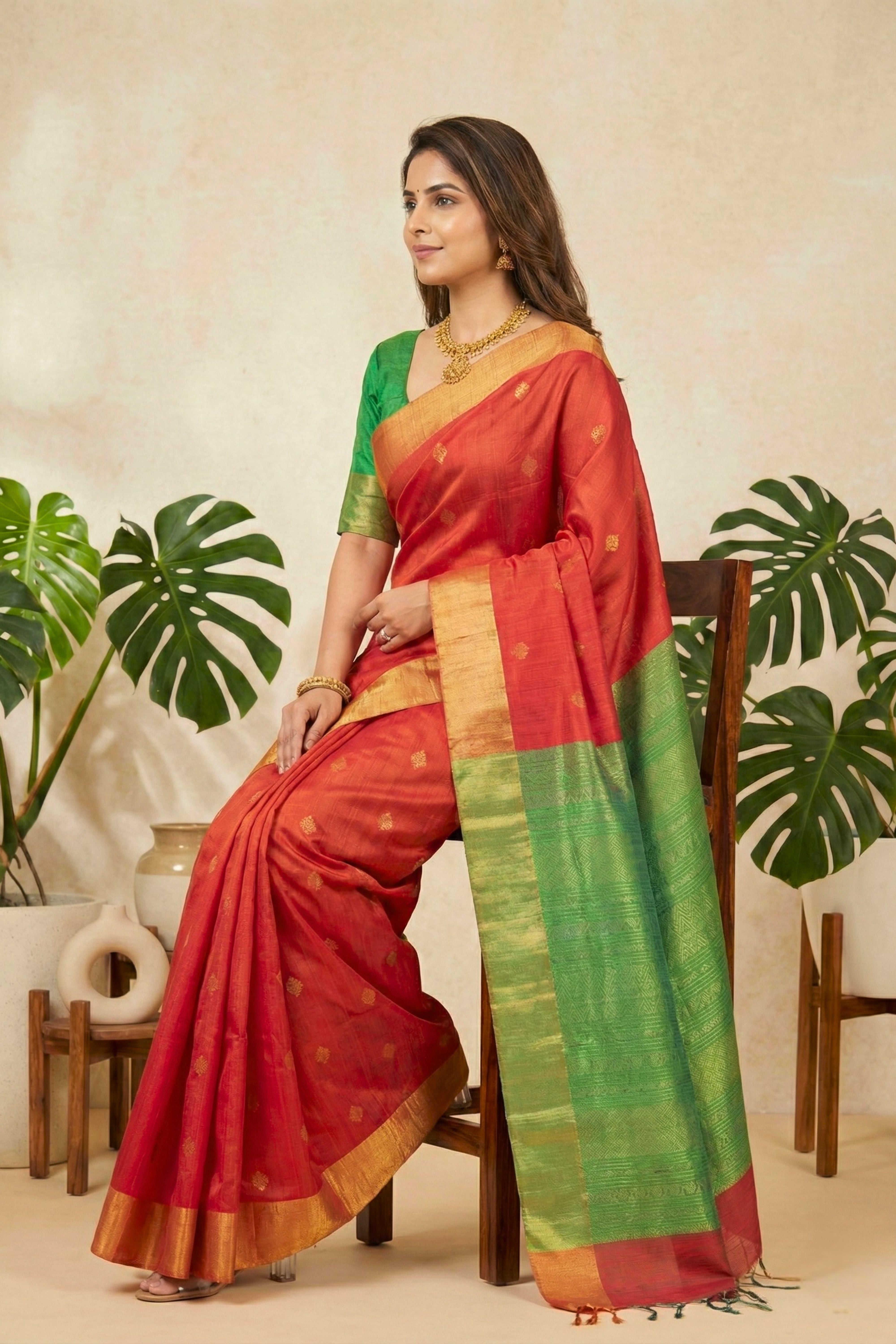 Radiant Tomato Red and Green Soft Raw Silk Saree with Zari Buttis
