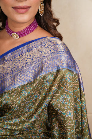 Olive Green Ajrakh Print Soft Silk Saree with Royal Blue Zari Border