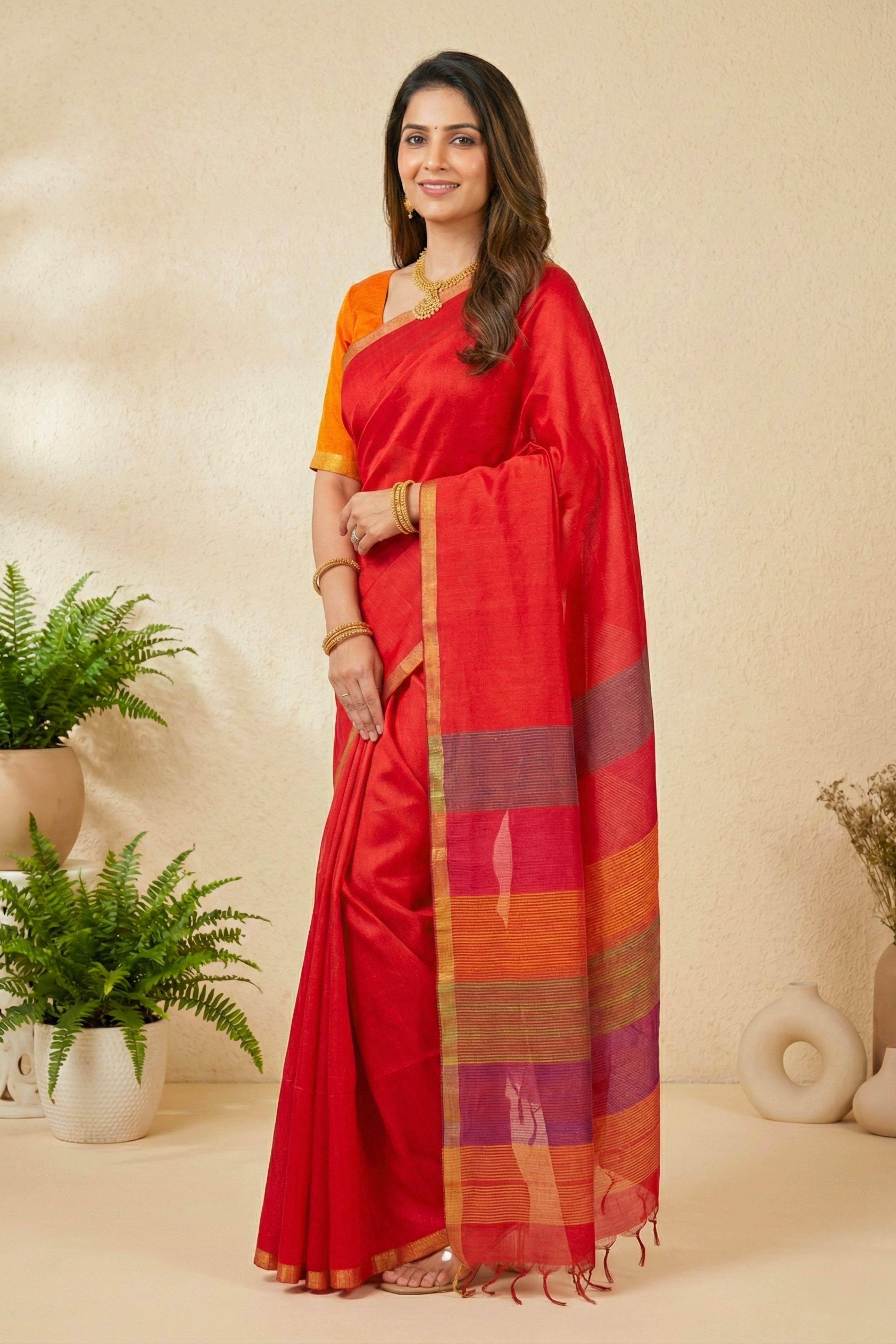 Crimson Red Soft Raw Silk Saree with Striped Pallu