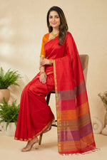 Crimson Red Soft Raw Silk Saree with Striped Pallu