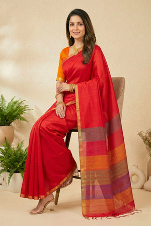 Crimson Red Soft Raw Silk Saree with Striped Pallu