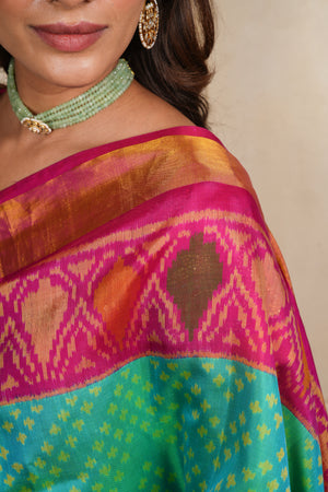 Vibrant Sea Green & Pink Patola Silk Saree