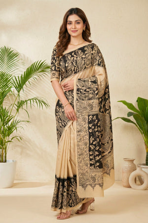 Elegant Beige and Black Kalamkari Print Cotton Silk Saree