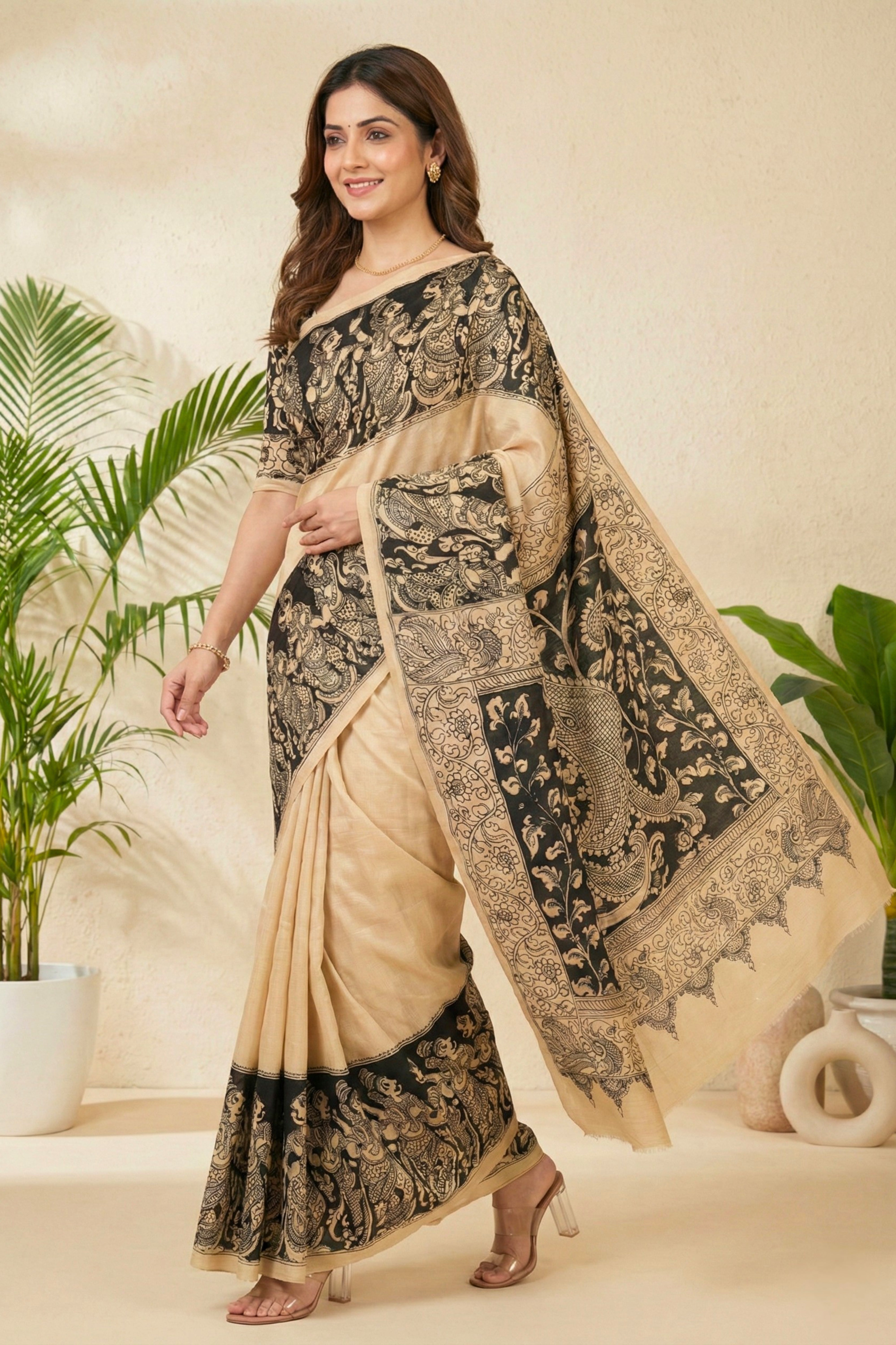 Elegant Beige and Black Kalamkari Print Cotton Silk Saree