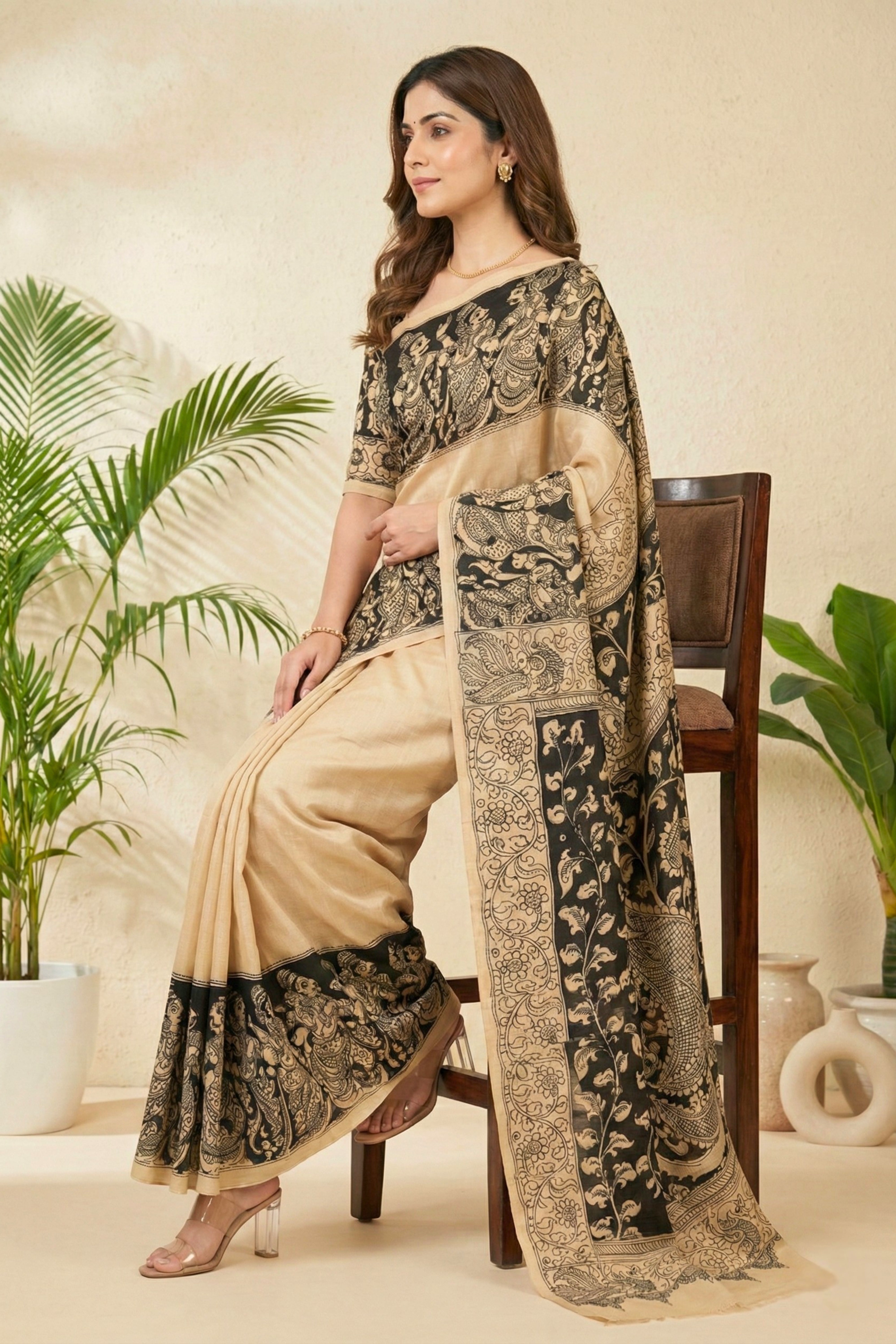 Elegant Beige and Black Kalamkari Print Cotton Silk Saree
