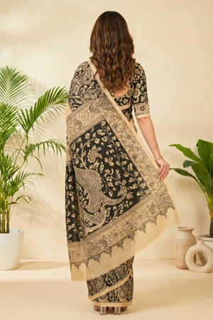 Elegant Beige and Black Kalamkari Print Cotton Silk Saree