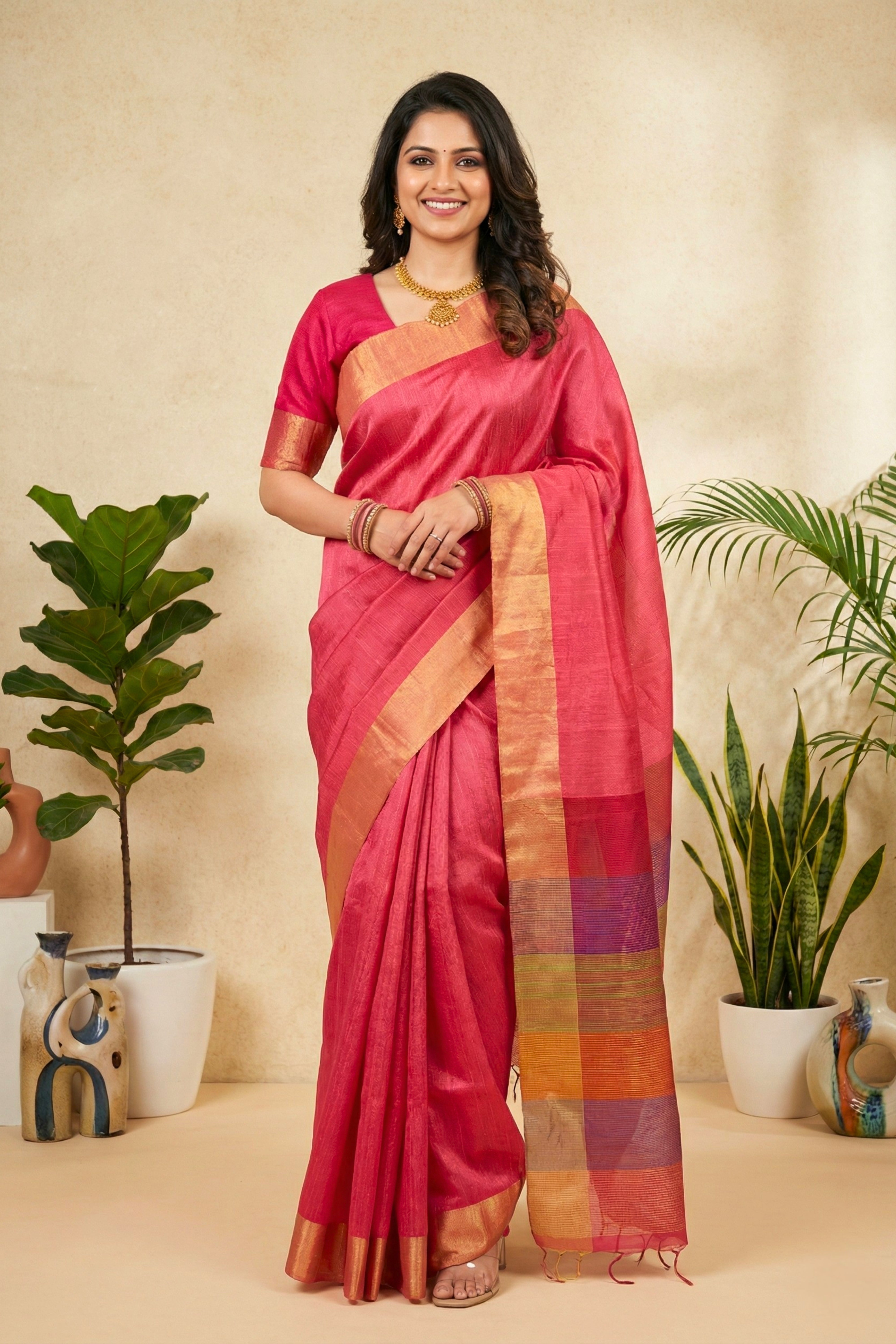 Vibrant Rani Pink Soft Raw Silk Saree with Multi-Colored Striped Pallu
