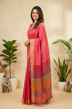 Vibrant Rani Pink Soft Raw Silk Saree with Multi-Colored Striped Pallu