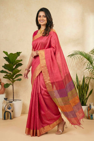 Vibrant Rani Pink Soft Raw Silk Saree with Multi-Colored Striped Pallu