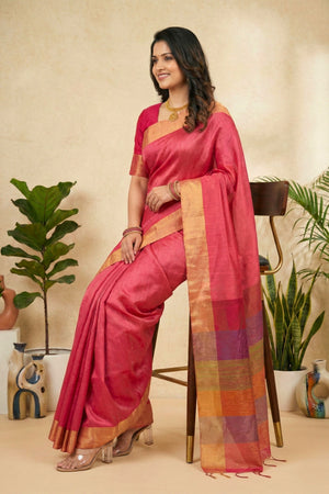 Vibrant Rani Pink Soft Raw Silk Saree with Multi-Colored Striped Pallu