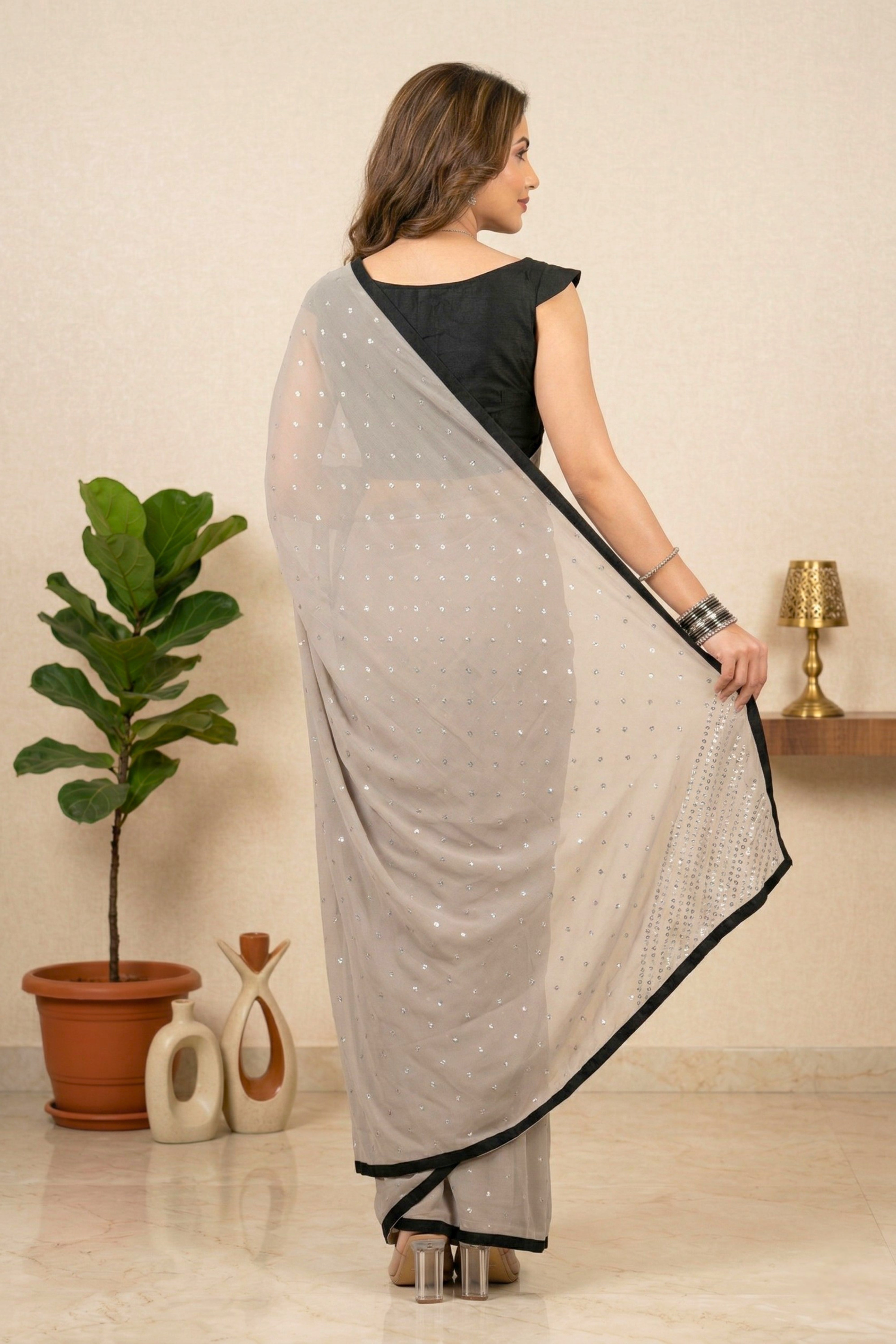 Dove Grey Georgette Saree with Sleek Black Border & Stitched Blouse