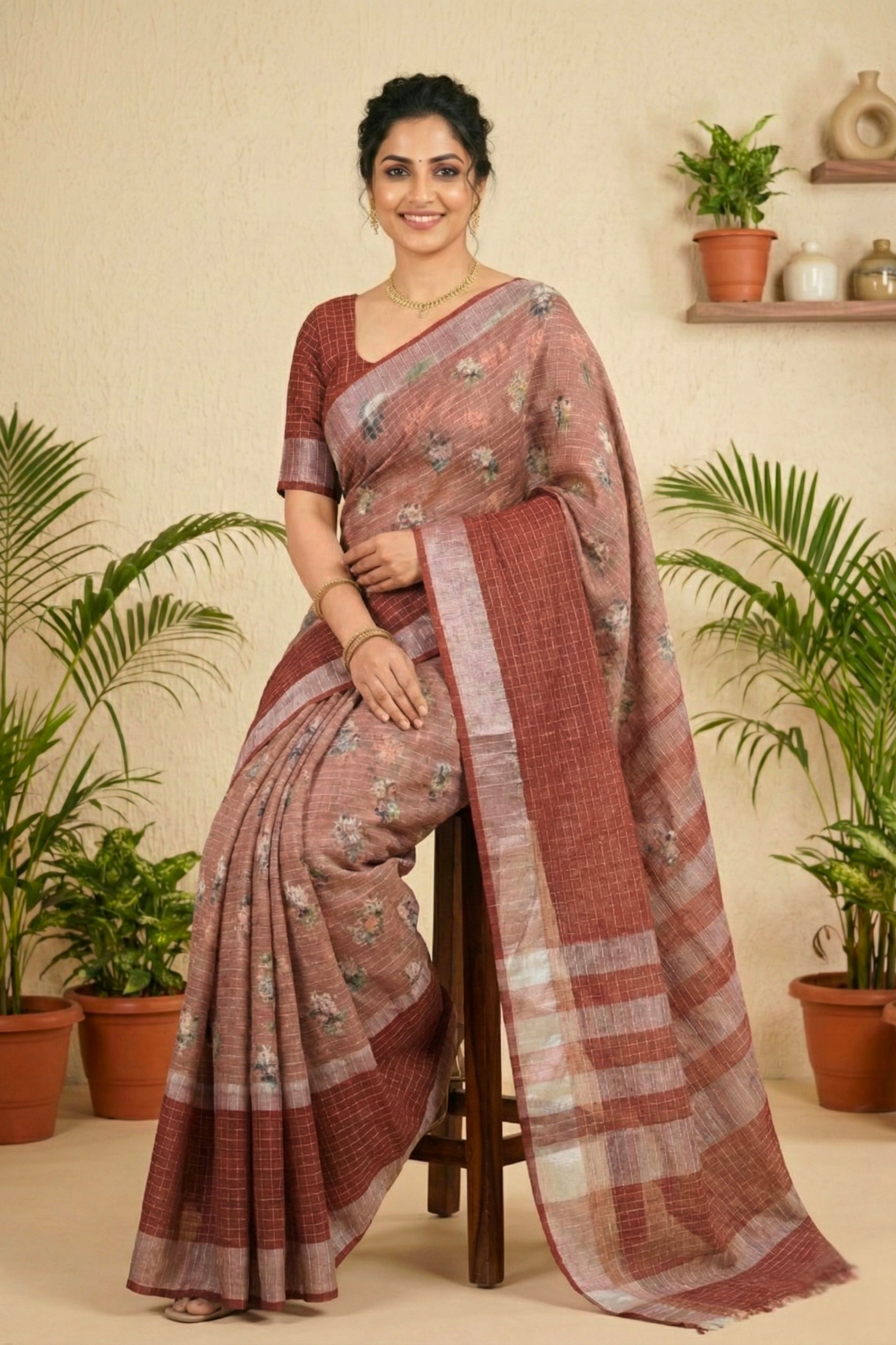 Earthy Rust & Dusty Rose Floral Print Cotton Saree