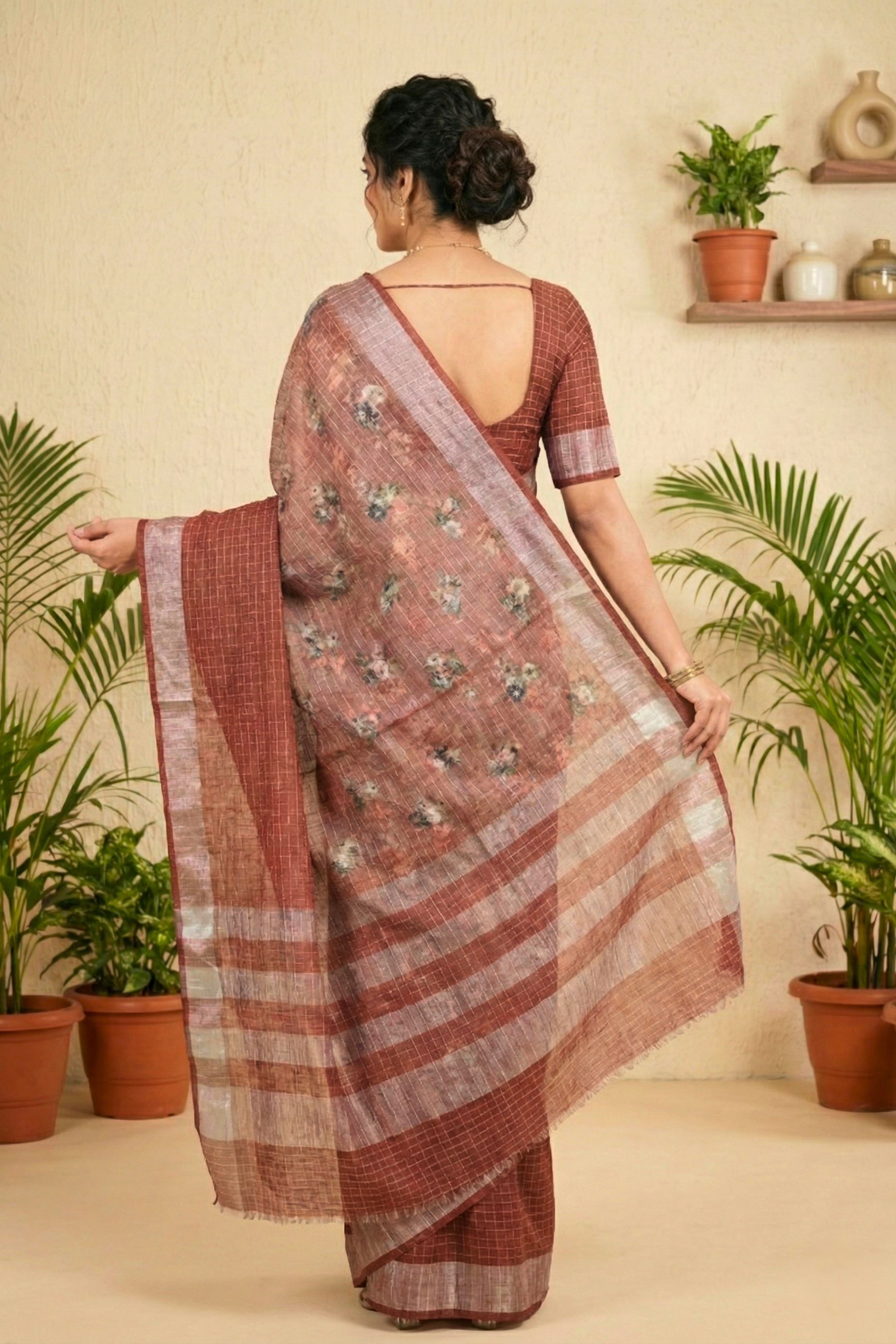 Earthy Rust & Dusty Rose Floral Print Cotton Saree
