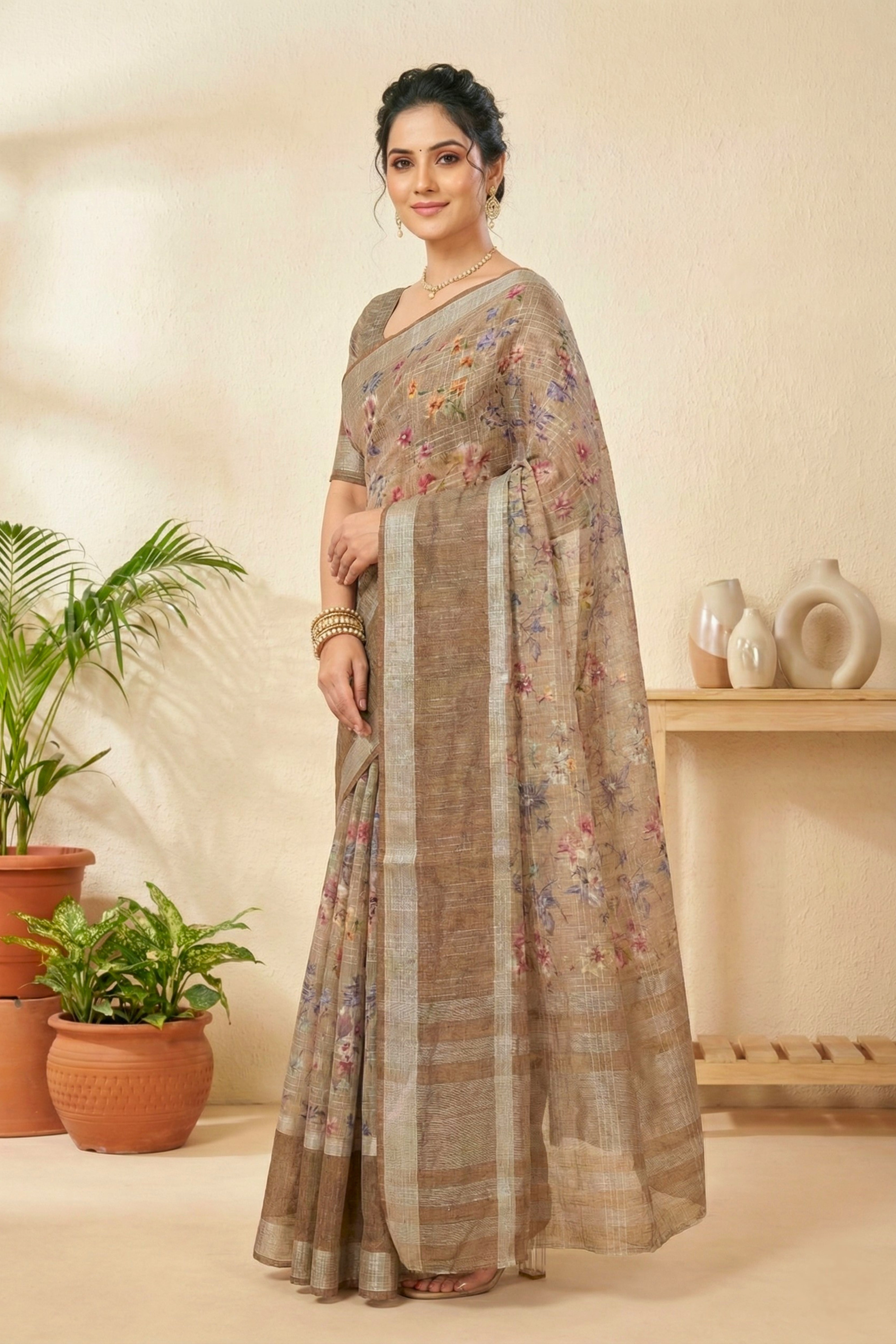 Earthy Beige & Mocha Floral Print Cotton Saree