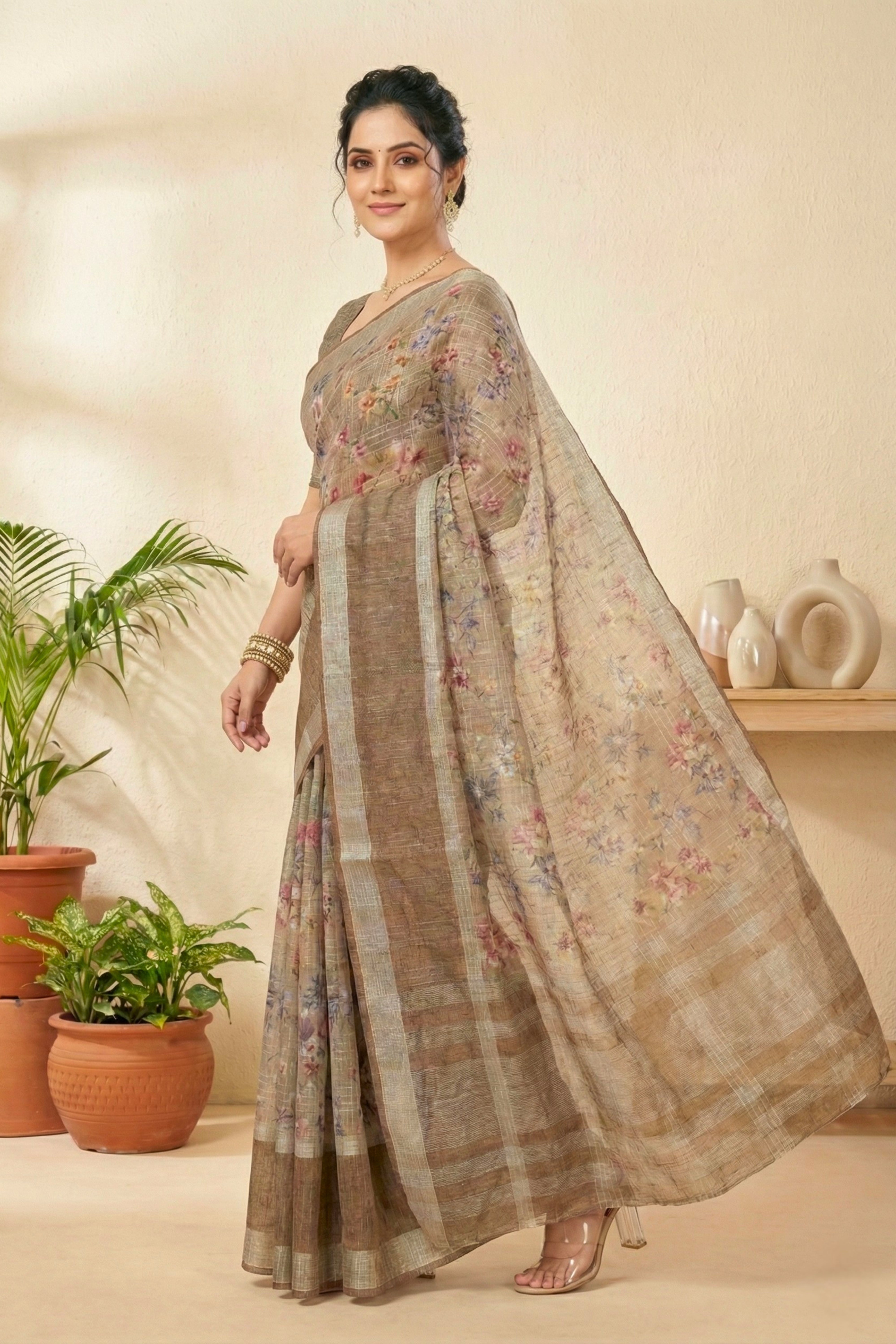 Earthy Beige & Mocha Floral Print Cotton Saree