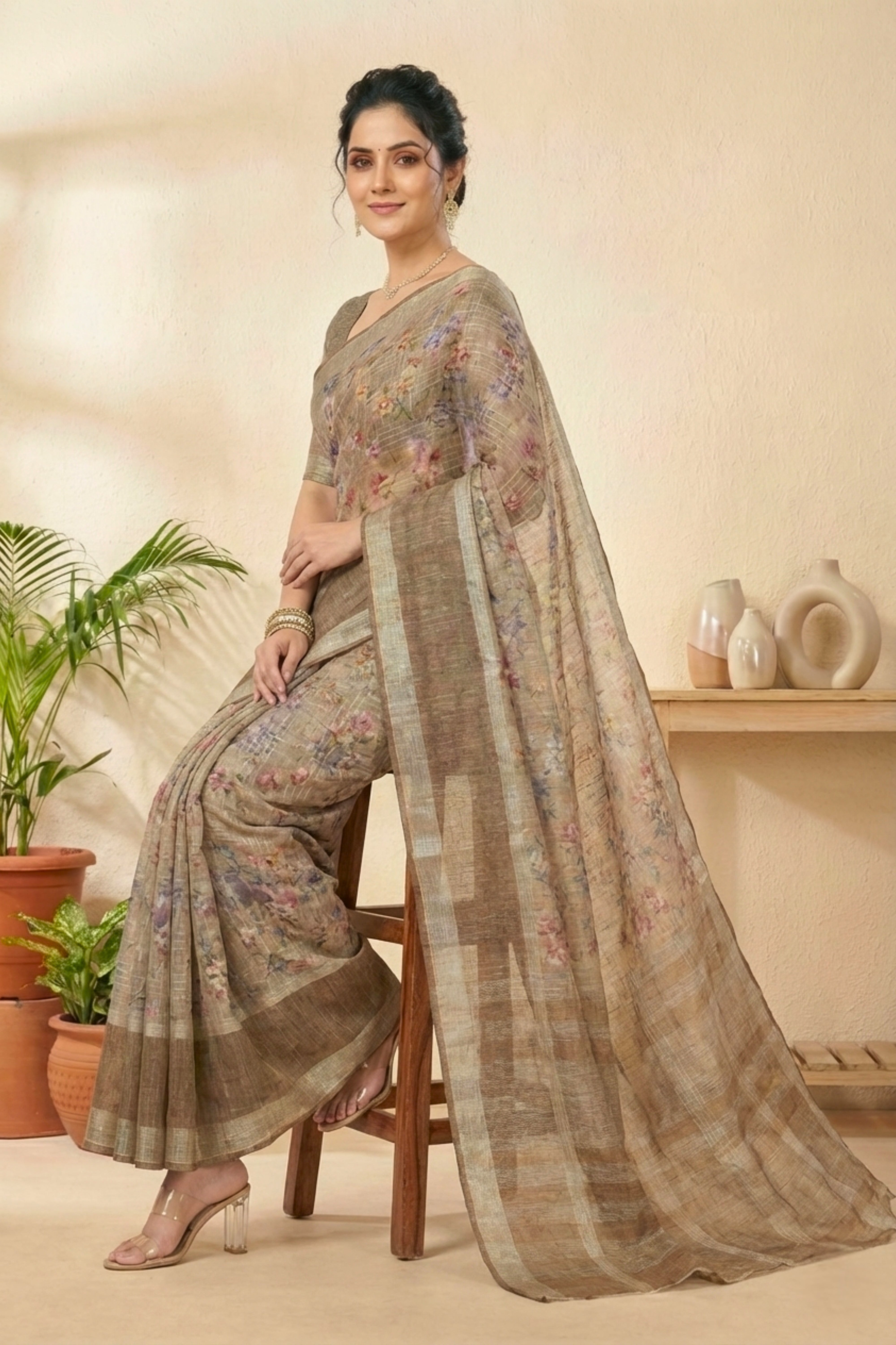 Earthy Beige & Mocha Floral Print Cotton Saree