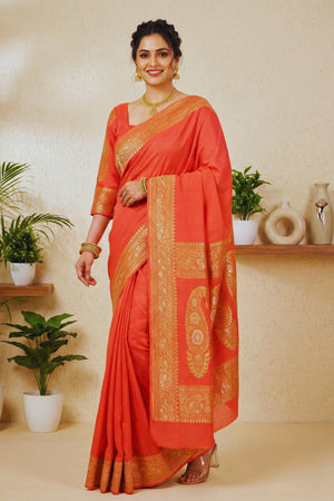 Vibrant Coral Orange Moonga Silk Saree with Antique Gold Zari
