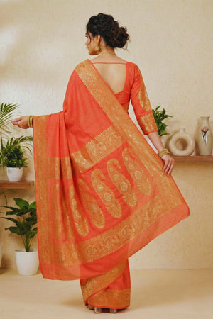 Vibrant Coral Orange Moonga Silk Saree with Antique Gold Zari