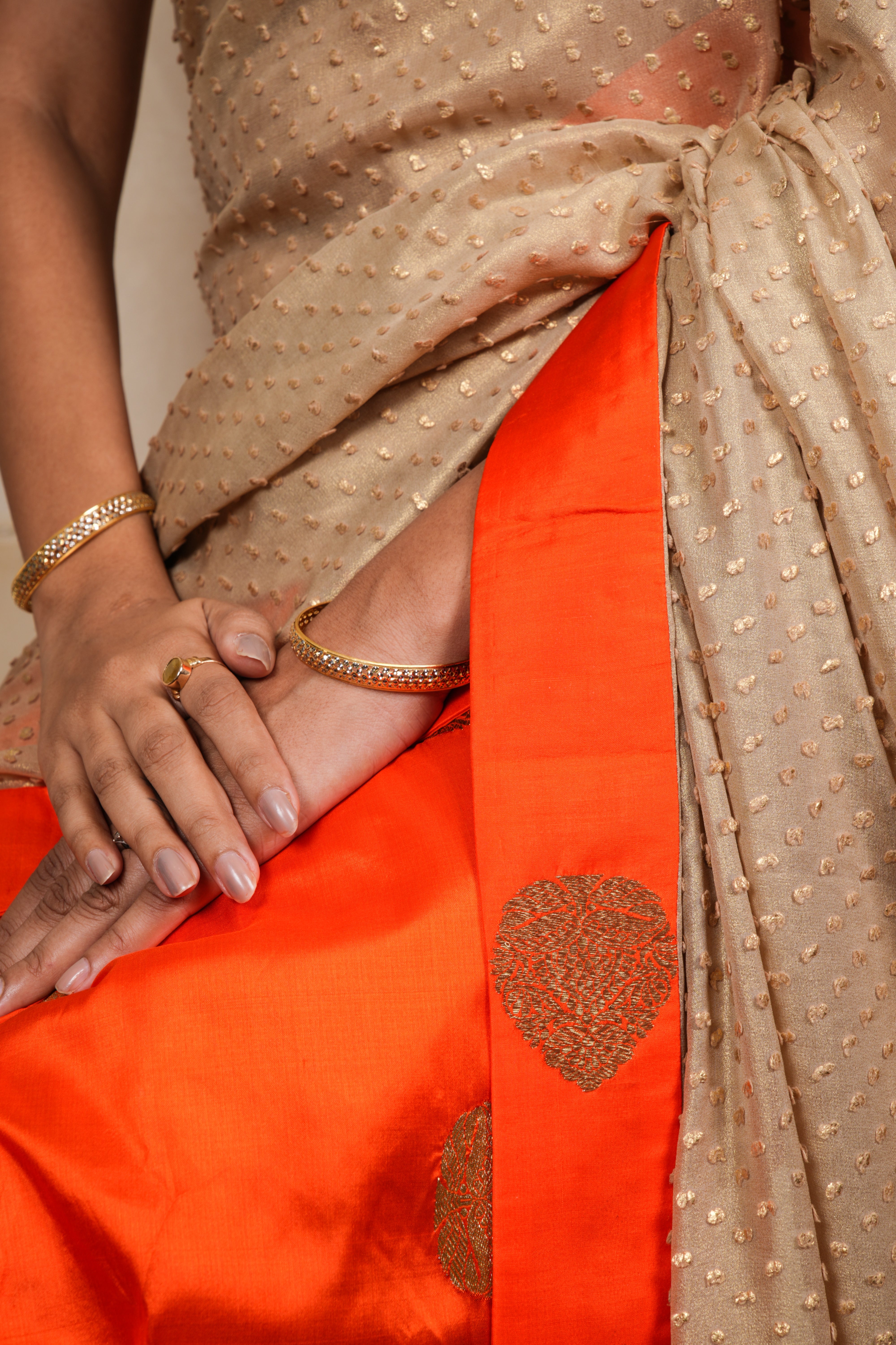 Orange & Gold Half-and-Half Silk and Georgette Saree