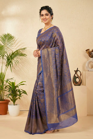 Royal Indigo Linen Saree with Antique Gold Floral Weaves