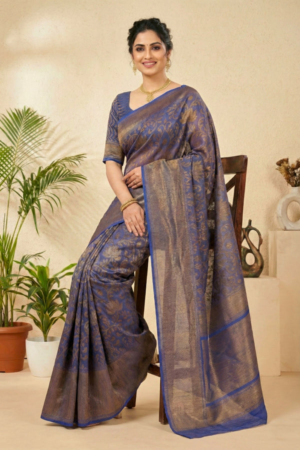 Royal Indigo Linen Saree with Antique Gold Floral Weaves