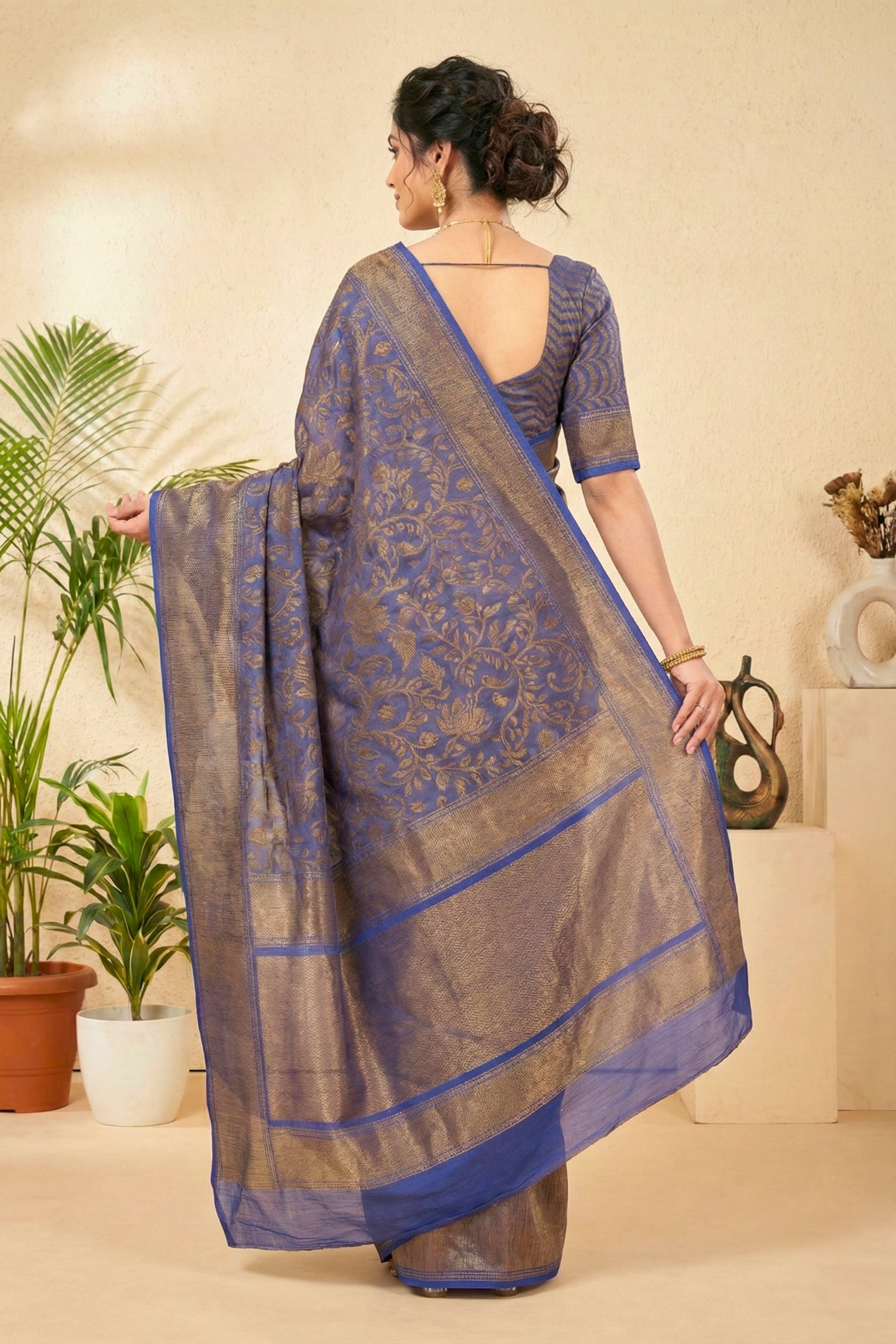 Royal Indigo Linen Saree with Antique Gold Floral Weaves