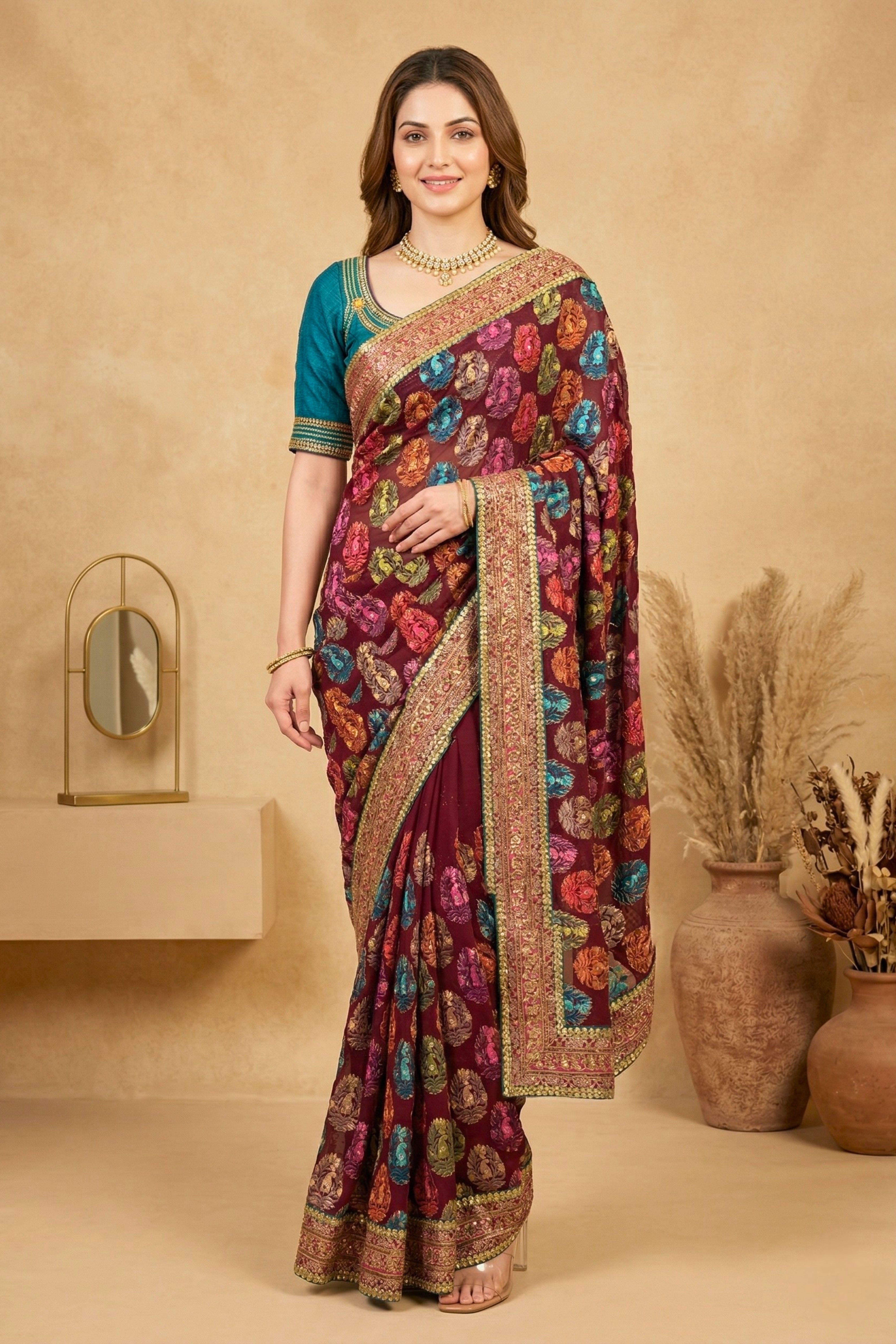 Exquisite Maroon Georgette Saree with Multicolored Parsi Embroidery