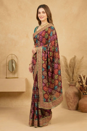 Exquisite Maroon Georgette Saree with Multicolored Parsi Embroidery