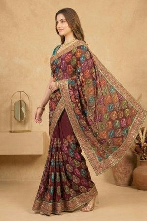 Exquisite Maroon Georgette Saree with Multicolored Parsi Embroidery