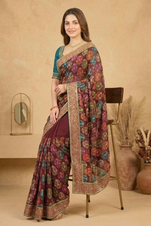 Exquisite Maroon Georgette Saree with Multicolored Parsi Embroidery