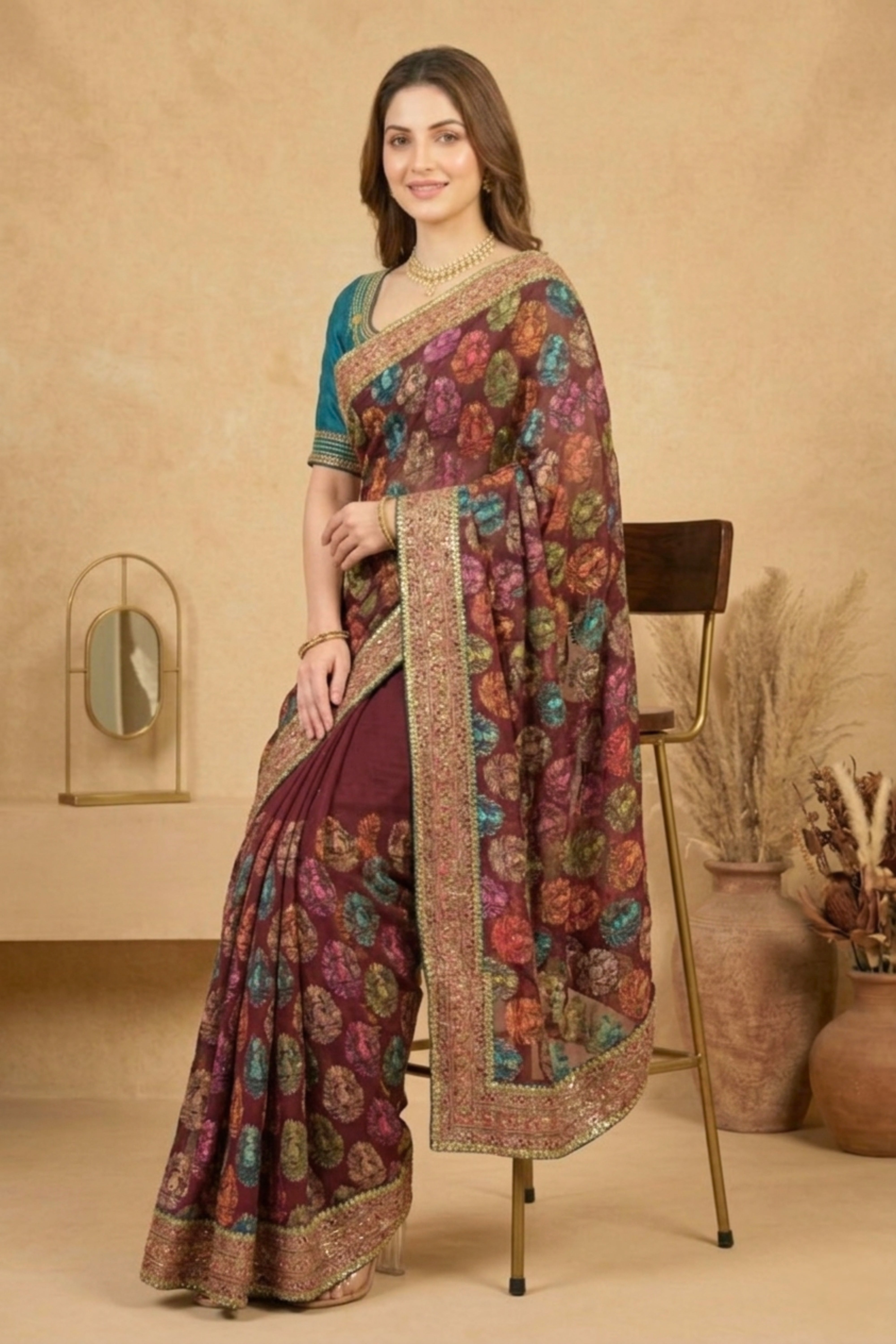 Exquisite Maroon Georgette Saree with Multicolored Parsi Embroidery