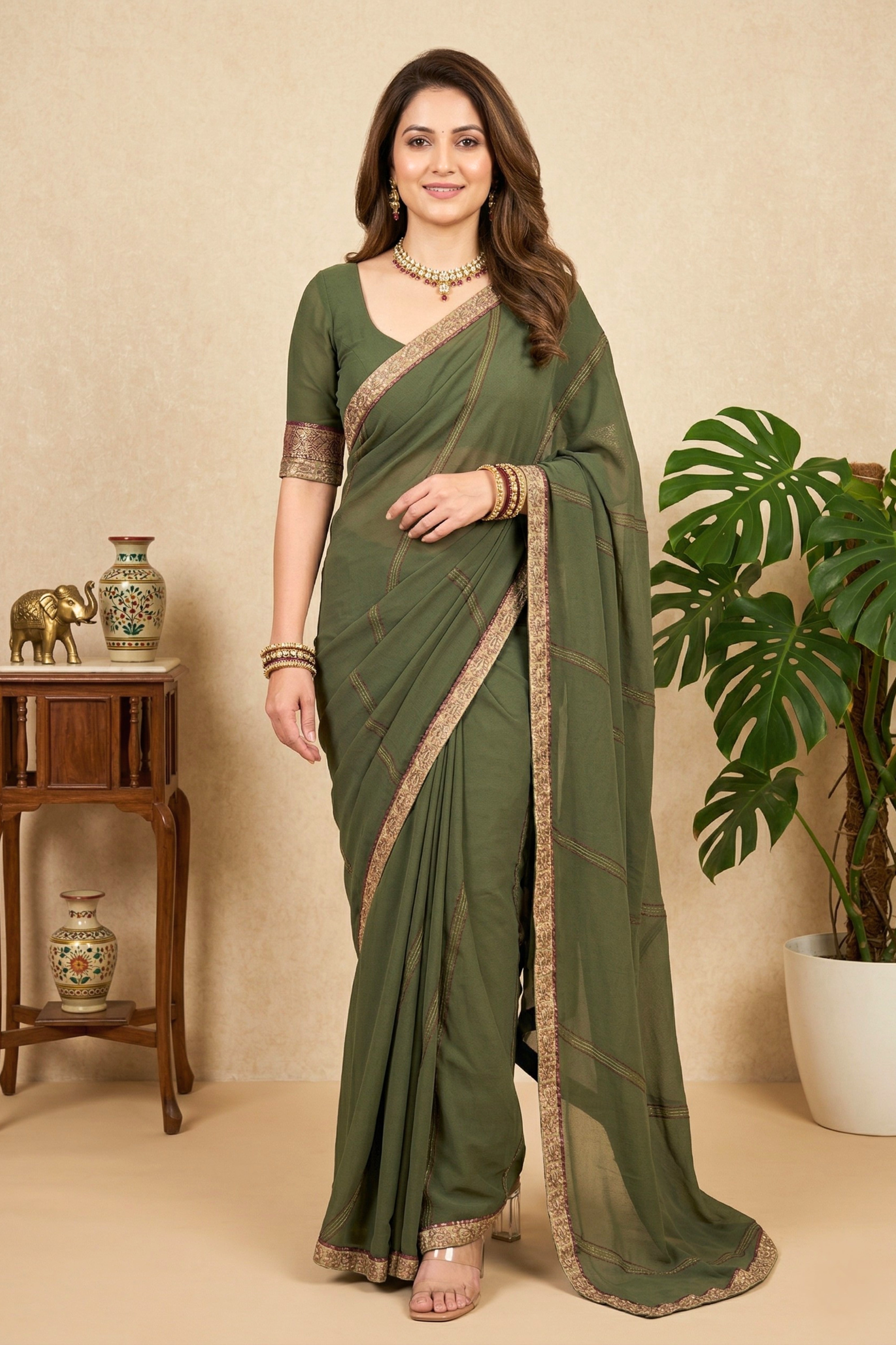 Elegant Olive Green Georgette Saree with Zari Stripes